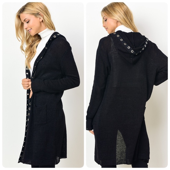 Black Hooded Long Cardigan with Grommets - Picture 3 of 3